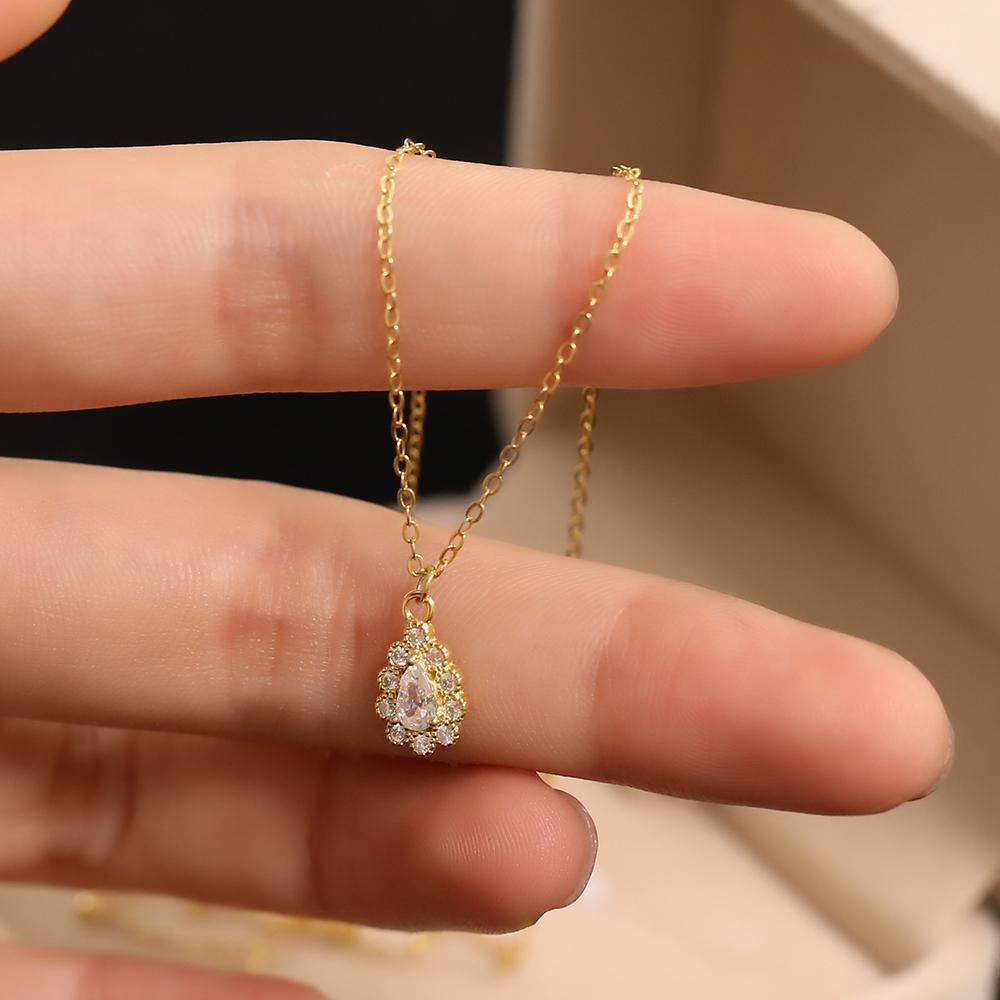 925 Sterling Silver Korean Version Simple Pavé Crystal Drop Pendant Clavicle Chain Necklace Women Plating 14k Gold Jewelry Gift