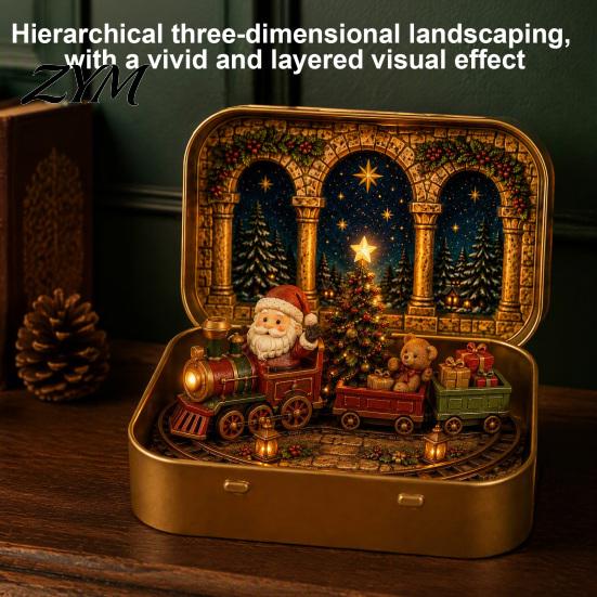 Christmas Story Display Box Mini Set in A Tin Box, Pocket Size Holiday Scene Iron Decor with Miniature Figures, Collectible Decoration for Desk,