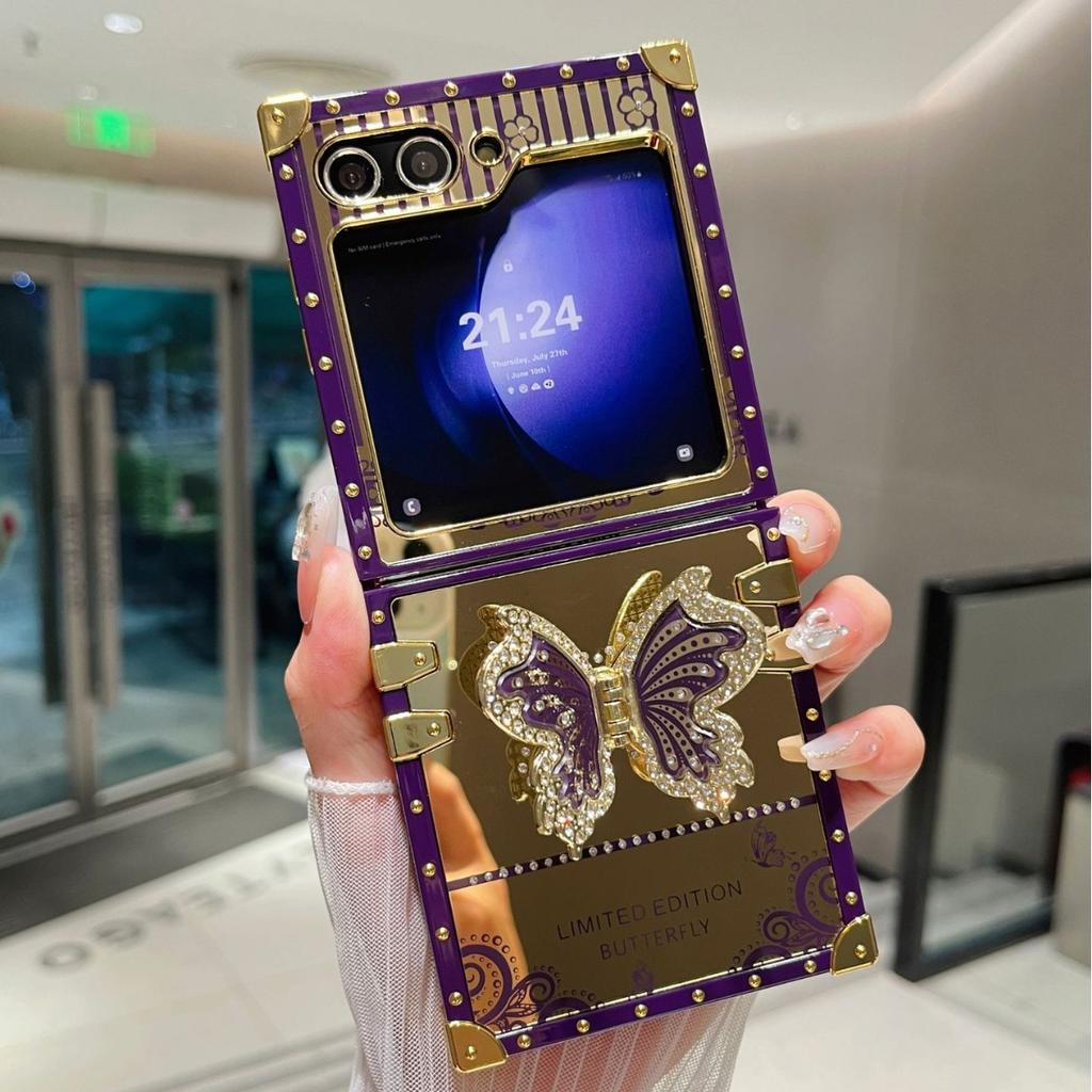 Samsung Z Flip6 Folding Screen Mobile Phone Case Suitable for ZFlip3 4 5 Mirror Butterfly Diamond Inlay Bracket Protection Case