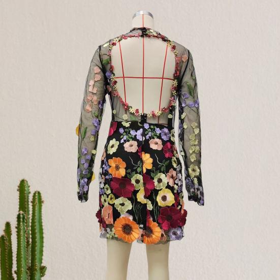 Весеннее женское платье с красочной цветочной вышивкой, кружевное прозрачное сетчатое платье с длинными рукавами, облегающее платье-футляр