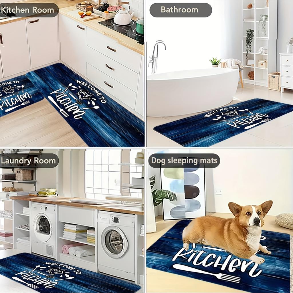 1 шт. Синий коврик для пола с рисунком под дерево, Современный кухонный полиэстеровый ковер, Нескользящий красочный ковер для помещений, Для дома, ванной комнаты, спальни, гостиной, декор