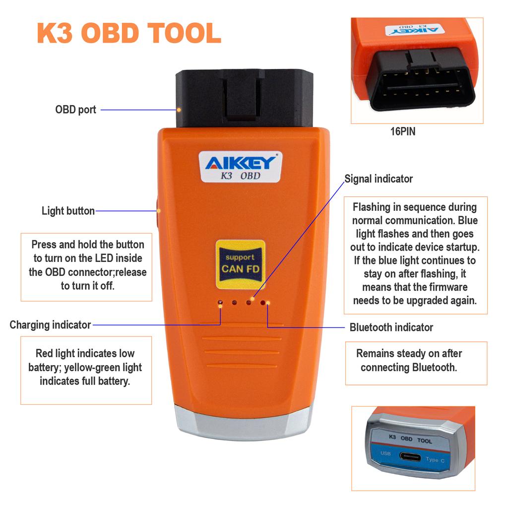 AIKKEY K3 OBD Tool Support CANFD Programming Keys for Nissan Ford Chevrolet Honda Toyota Support Add Key and All Key Lost