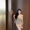 Autumn Slimming Off-Shoulder Long-Sleeve Mini Dress – Women's Pleated, Backless, Waist-Hugging Style