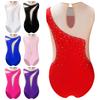 Kids Girls Patchwork Dance Leotard Figure Skating Performance Costume Shiny Rhinestone Leotard Sheer Mesh Bodysuit