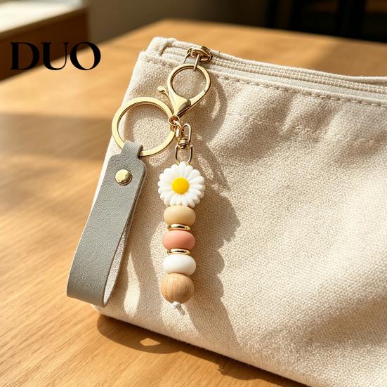 Silicone Bead Wristlet Keychain Flower with Faux Leather Wristlet, Car Key Wood Ring Pendant, Handbag Backpack Charm Beads Decorative