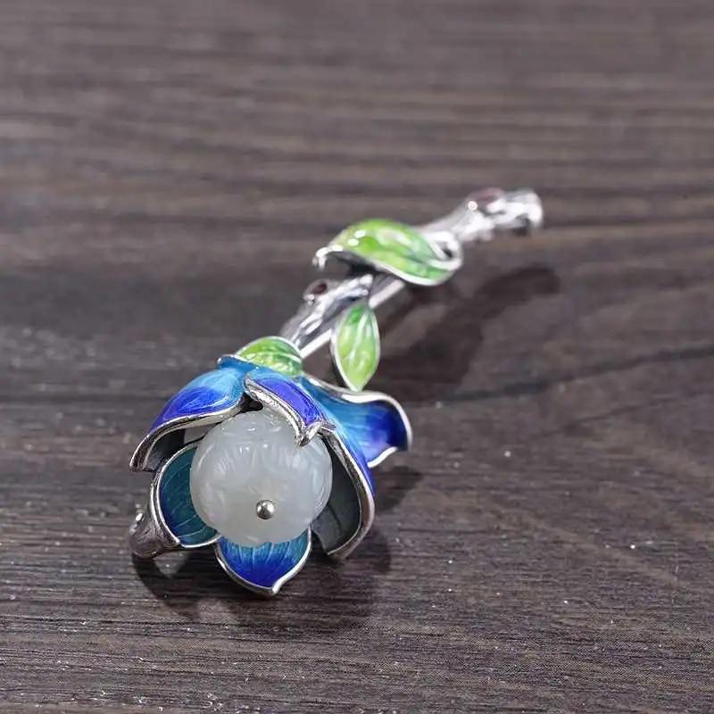 Ремесло Натуральный Халцедон Цветок Магнолии Брошь Эмаль Фарфор Китайский Ретро Обмотка Уникальный Дизайнерский Бренд Ювелирных Изделий