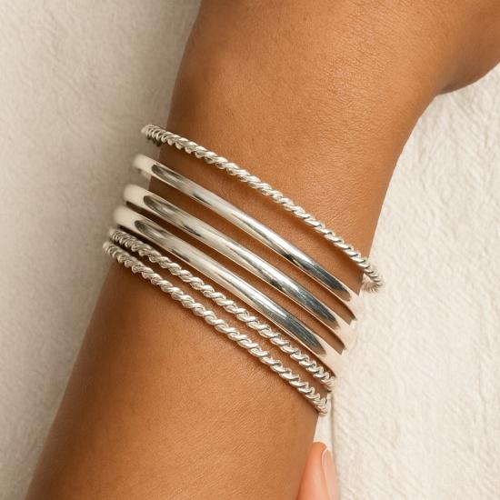 Простой витой браслет-манжета, набор из 6 штук: 925 Проба Стерлинговое Серебро, Браслет Ручной Работы Бохо Минимализм