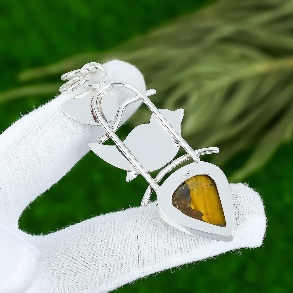 925 Silver Pear Natural Tiger Eye Bezel Boho Daughter Birthday Pendant Jewelry