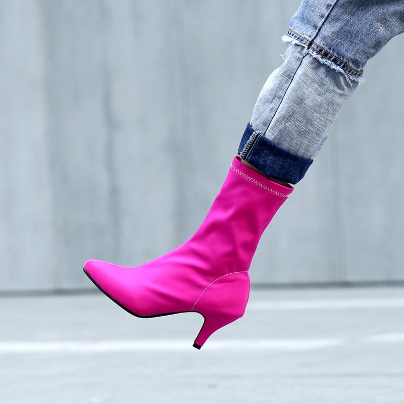 Модные мягкие тонкие эластичные носки, женские ботильоны, розово-голубые, на каблуке, женские ботильоны, осенне-весенние, с острым носком, женская обувь, большой размер