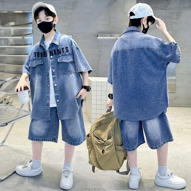 Boys Denim Suit Summer Clothes New Children's Short Sleeve Shirt + Shorts Sports Korean Tracksuit Sets Kids Luxury Clothing Suit
