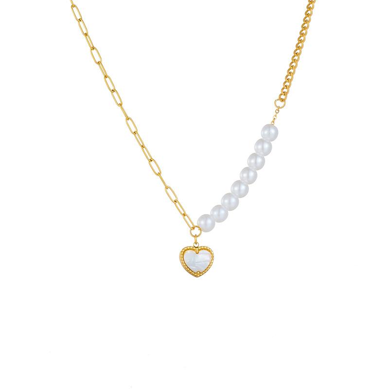 Gold Plated Stainless Steel Pearl and Heart Pendant Necklace for Women