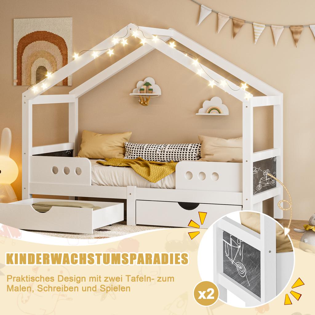 Children's bed with roof design, 2 large drawers, wood+MDF frame, UV coating almost odorless, capacity up to 120 kg, suitable for 90×200 cm mattress