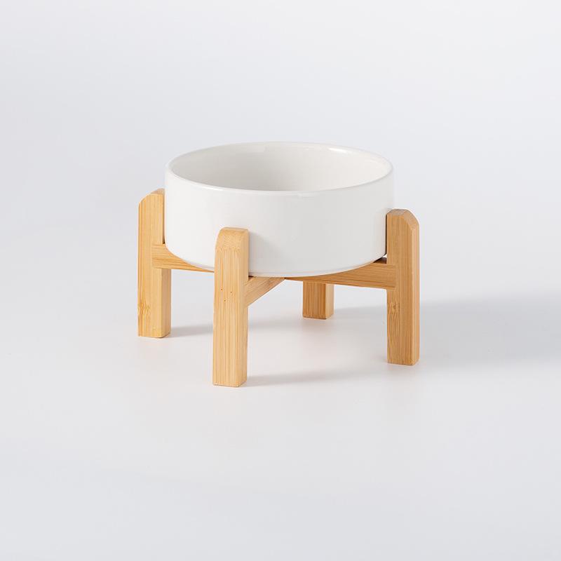 Керамическая миска для корма домашних животных с приподнятой бамбуковой подставкой - Антиопрокидывающаяся конструкция для собак и кошек, Защищает шейный отдел позвоночника