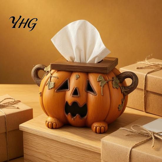 Holiday Ritual Gift Halloween Pumpkin Tissue Box Holder, Resin Decorative Facial Funny Face Autumn Seasonal Gifts Cover for Home Office Kitchen Living