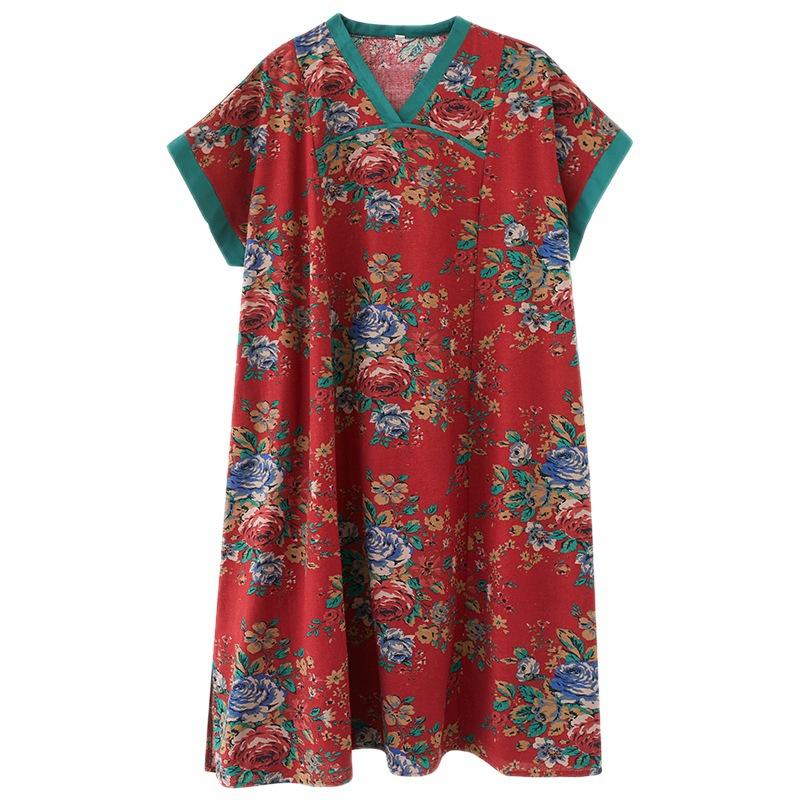 Летнее хлопковое льняное платье с V-образным вырезом, свободное, большого размера, в китайском стиле, ханьфу, улучшенное, средней длины, с короткими рукавами, для женщин, платья