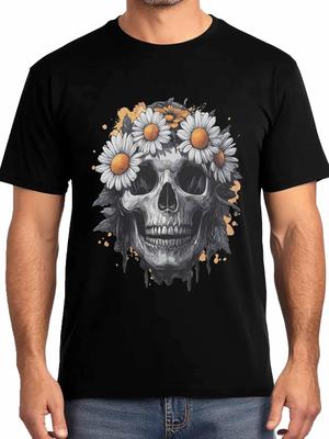 Skull Sunflower Mens T-Shirts,Short Sleeve T Shirts for Men Crew Neck Tee Abstract Blossom Floral Men's T-Shirts