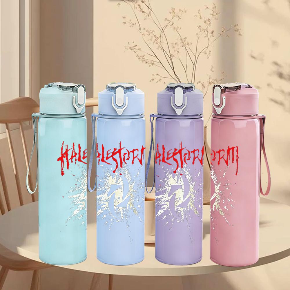 1PC Faint vintage band sketch print 750ml colorful plastic sports water bottle leakproof pop up lid with straw for outdoor work home use
