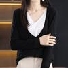 Женские свитера, пуловеры 2025 Осень Зима Длинный рукав V-образный вырез Черный вязаный свитер Женские топы, пуловер JJ107