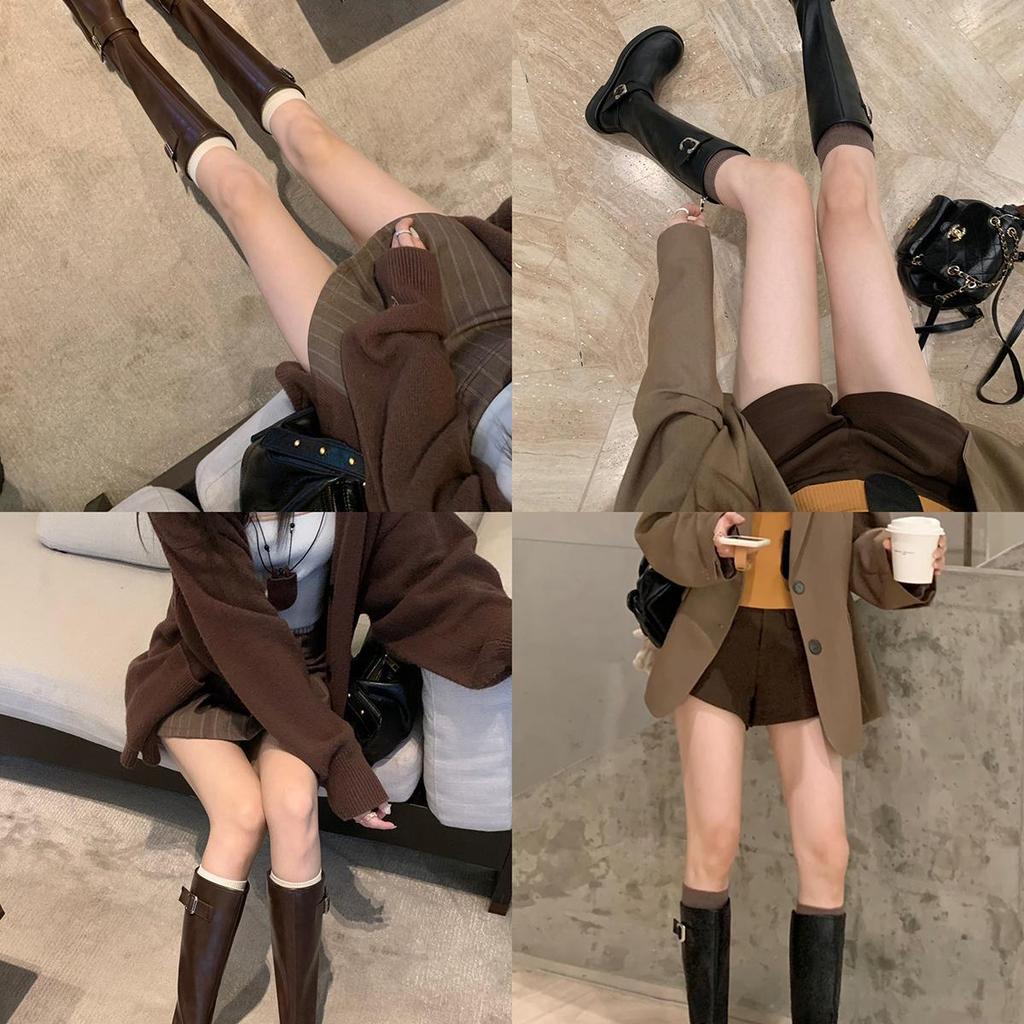 Cowhide Version~ The Same Round Head C-Buckle Martin Boots Thick Heel But Knee Mid-Tube Knight Boots Women'S Boots