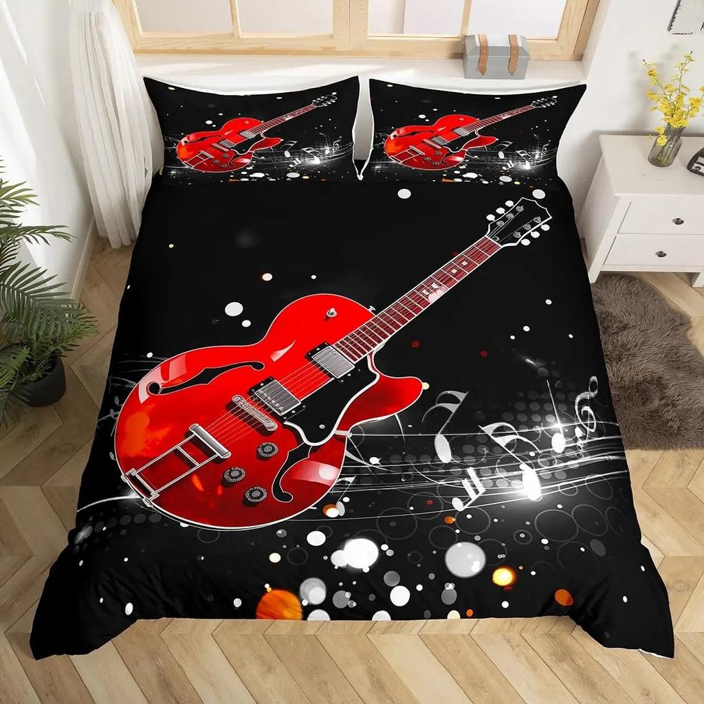 Music Guitar Duvet Cover King Queen Black White and Grey Graffiti Bedding Set Musical Notes Comforter Cover Musical Quilt Cover