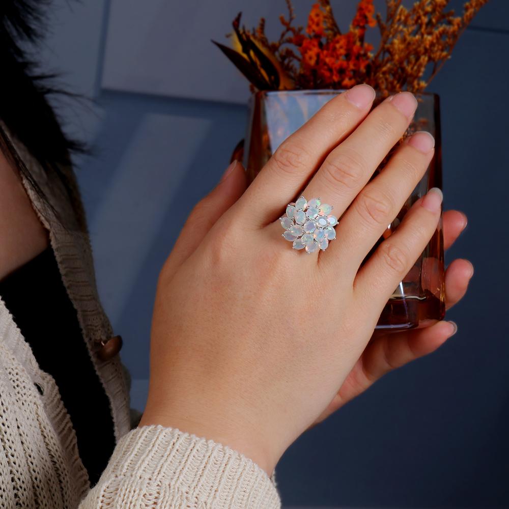 Luxury Real 4.14 Ct Opal Ring Flower Design S925 Silver Natural Real Gemstones Quality Jewelry for Women Gift