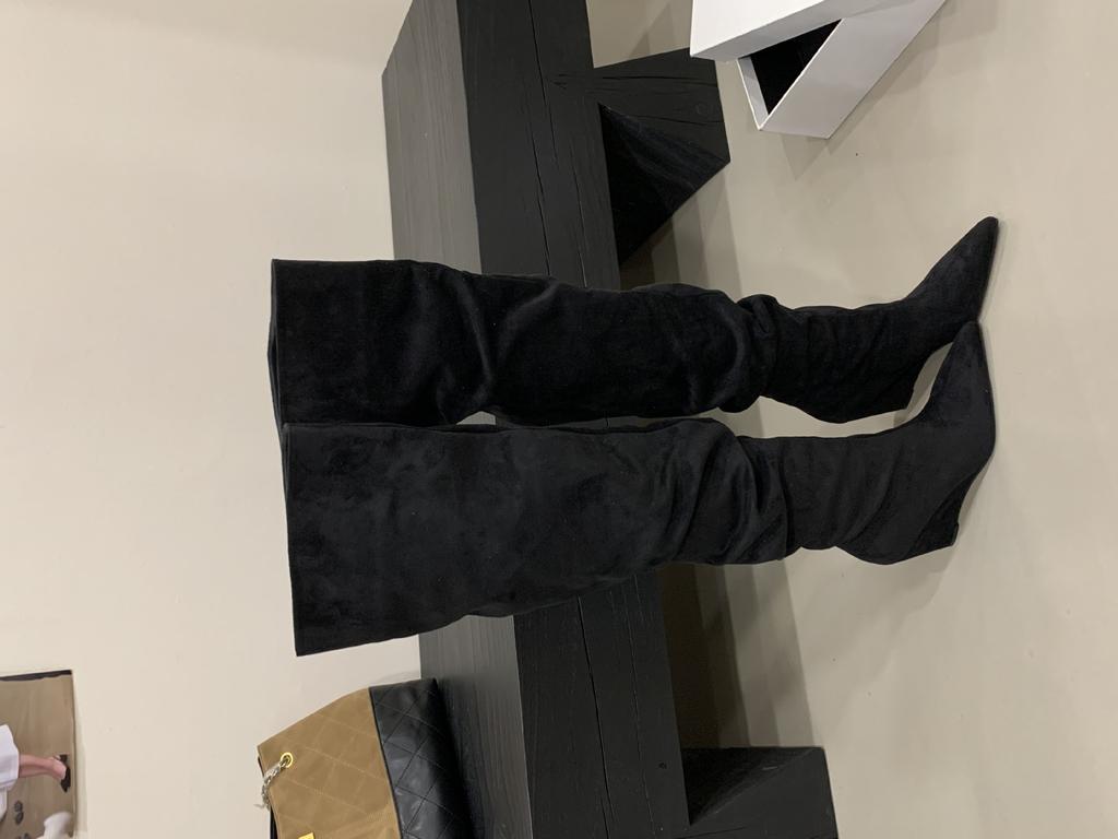 2025 Autumn and Winter New Big Tube Circumference Pointed Toe Over Knee Boots Thick Heel High Boots Slope Heel Boots Stacking Boots