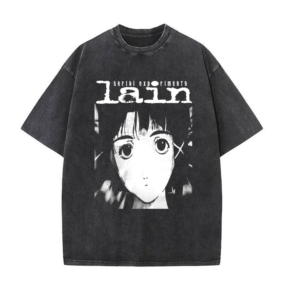 Serial Experiments Lain Anime Vintage Washed T-Shirt Manga Iwakura Girl Sci Fi Short Sleeve T-shirts 100% Cotton Casual T Shirt