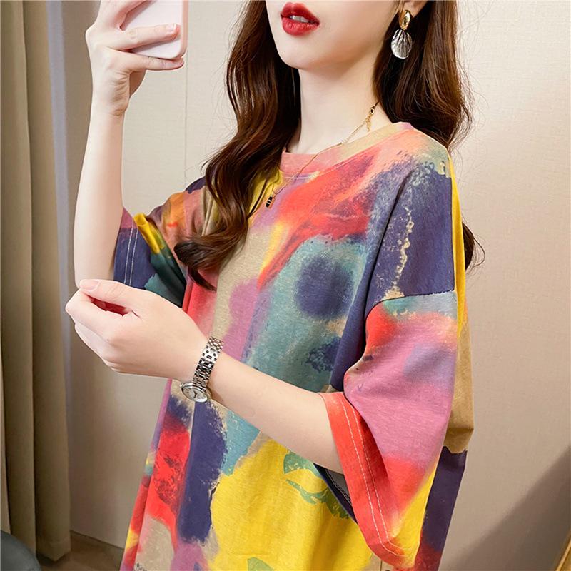 Korean Style Tie-Dye Gradient Loose Plus Size Women's Summer T-Shirt