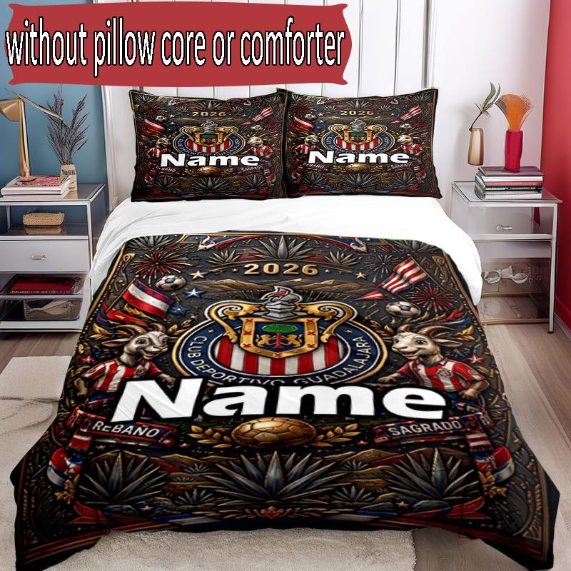 3pcs Duvet Cover Set (1*Duvet Cover + 2*Pillowcase, Without Core), Custom Name Club Deportivo Guadalajara Pattern Bedding Set, Home Bedroom Decor Gift