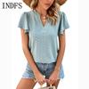 INDFS Женская мода Повседневная Летняя Весна Однотонный Принт Короткие Рукава V-образный Вырез Блузки и Рубашки