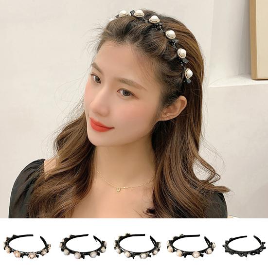 Shining Rhinestone Faux Pearls Flower Decor Women Headband Non-slip Elastic Double Layer Bangs Clips Hair Hoop Hair Accessories