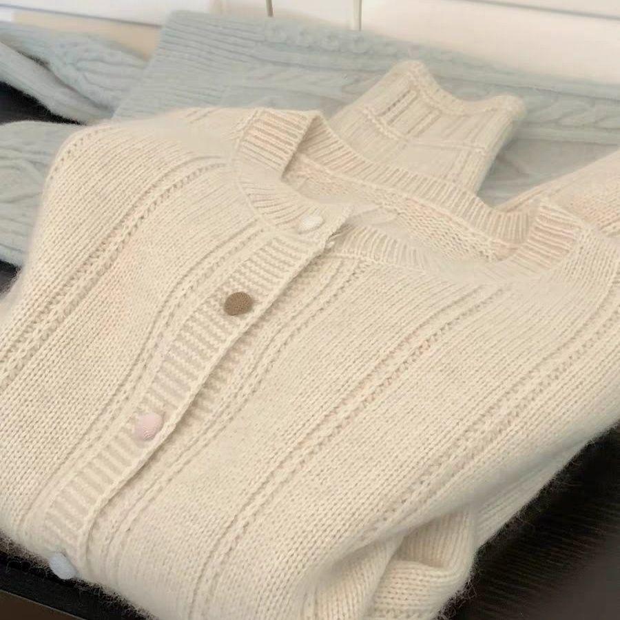 Женский вязаный кардиган с длинным рукавом, круглым вырезом, свитер, рубашка, однотонный, на пуговицах, вязаный свитшот, верхняя одежда, топ