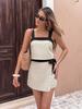 Women Casual Color Block Sleeveless Crop Vest Bow Mini Skirt Two Piece Summer Outfit