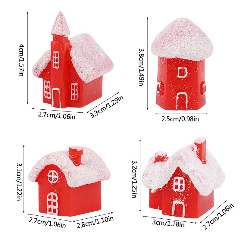 4Pcs Winter Village Snowy House Christmas Resin Miniature Red House Christmas Home Decoration Ornament New Year Party Cake Decor