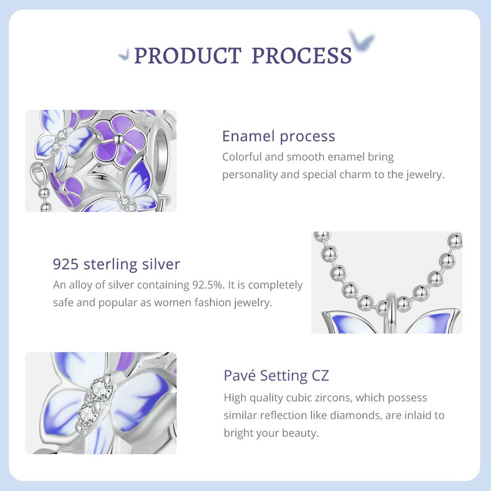 WOSTU Стерлингового Серебра 925 пробы, мистический фиолетовый цветок, подвески, бусины, защитная цепочка в виде бабочки, подходит для оригинального браслета, DIY ожерелье, ювелирные изделия