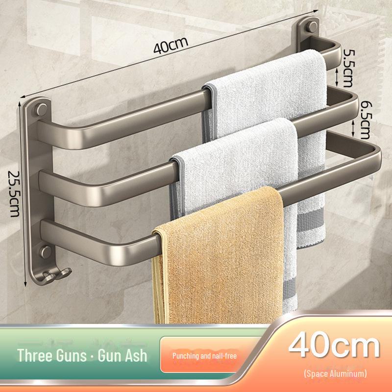 Gunmetal Gray Punch-Free Space Aluminum Towel Rack with Double Rods for Bathroom Storage.