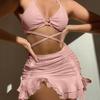 3Pcs/Set Women Swimsuit Solid Color Wave Texture Sexy Split Bikini with Drawstring Ruffle Trim Skirt Lace-up Beachwear