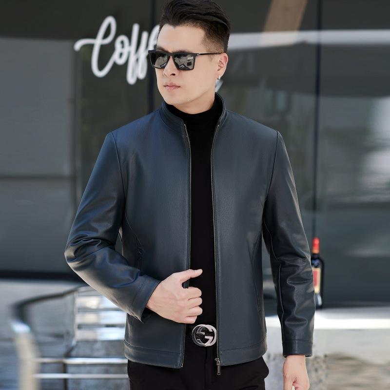 Осенне-зимняя куртка из натуральной кожи, мужская куртка из овчины с воротником-стойкой, короткая, для среднего и пожилого возраста, плюс бархат, большой размер, тонкое пальто
