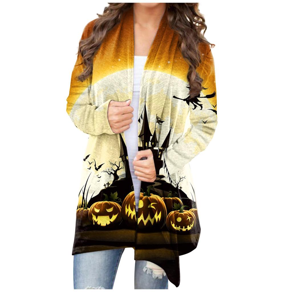 Женский кардиган, свободное повседневное верхнее пальто с карманами и длинными рукавами с принтом Хэллоуина