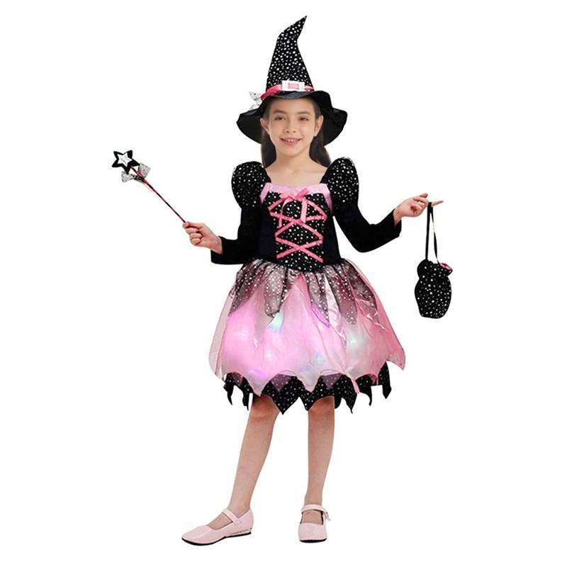 Kid Girls Halloween Witch Costume Sparkly Silver Stars Printed Carnival Cosplay Dress with Pointed Hat Wand Dress Up Clothes