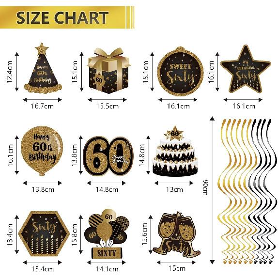 Happy 60th Birthday Hanging Swirls Streams Ceiling Decorations,Celebration Old Black and Gold Birthday Party Decorations Supplies 60 Foil Hanging