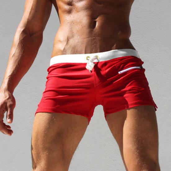 Men Solid Color Swimming Trunks Drawstring Pocket Slim Fit Beach Shorts Swimwear