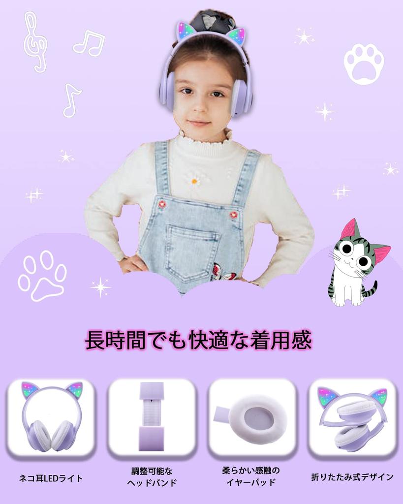 Headphones Megadream Headphones with Cat Ear LED Sides RGB Light Bluetooth Length 1m TF Card Size Children's Wireless/Wired Microphone, Light/Both