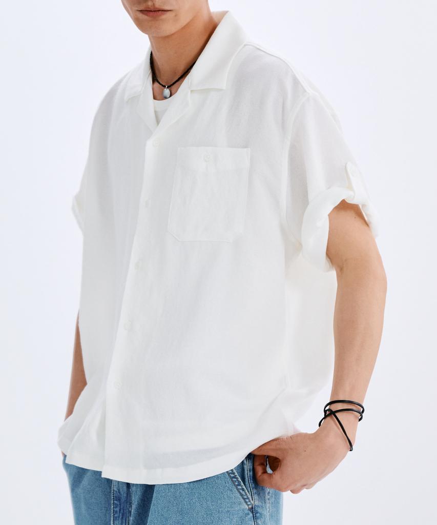 TAKEASY Linen-Like Roll-Up Half Shirt (White)