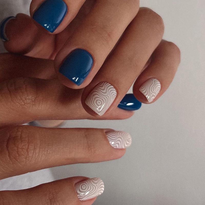 Elegant Ocean Blue and White Striped European Style Square Fake Nail Art Stickers