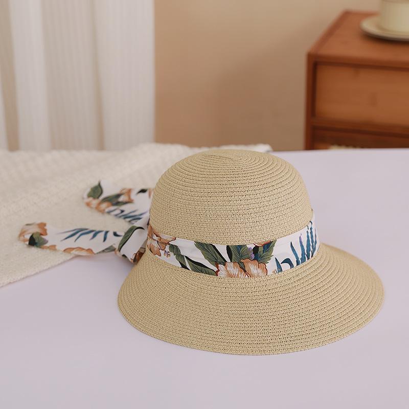 Flower Ribbon Bowknot Straw Hat Elegant Solid Color Sun Hat Trendy French Style Foldable Travel Beach Hats for Women Daily Use Summer Outdoor