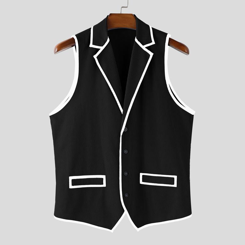 INCERUN Men Lapel Sleeveless Stitching Slim Waist Buttons Up Rib Vest Waistcoat