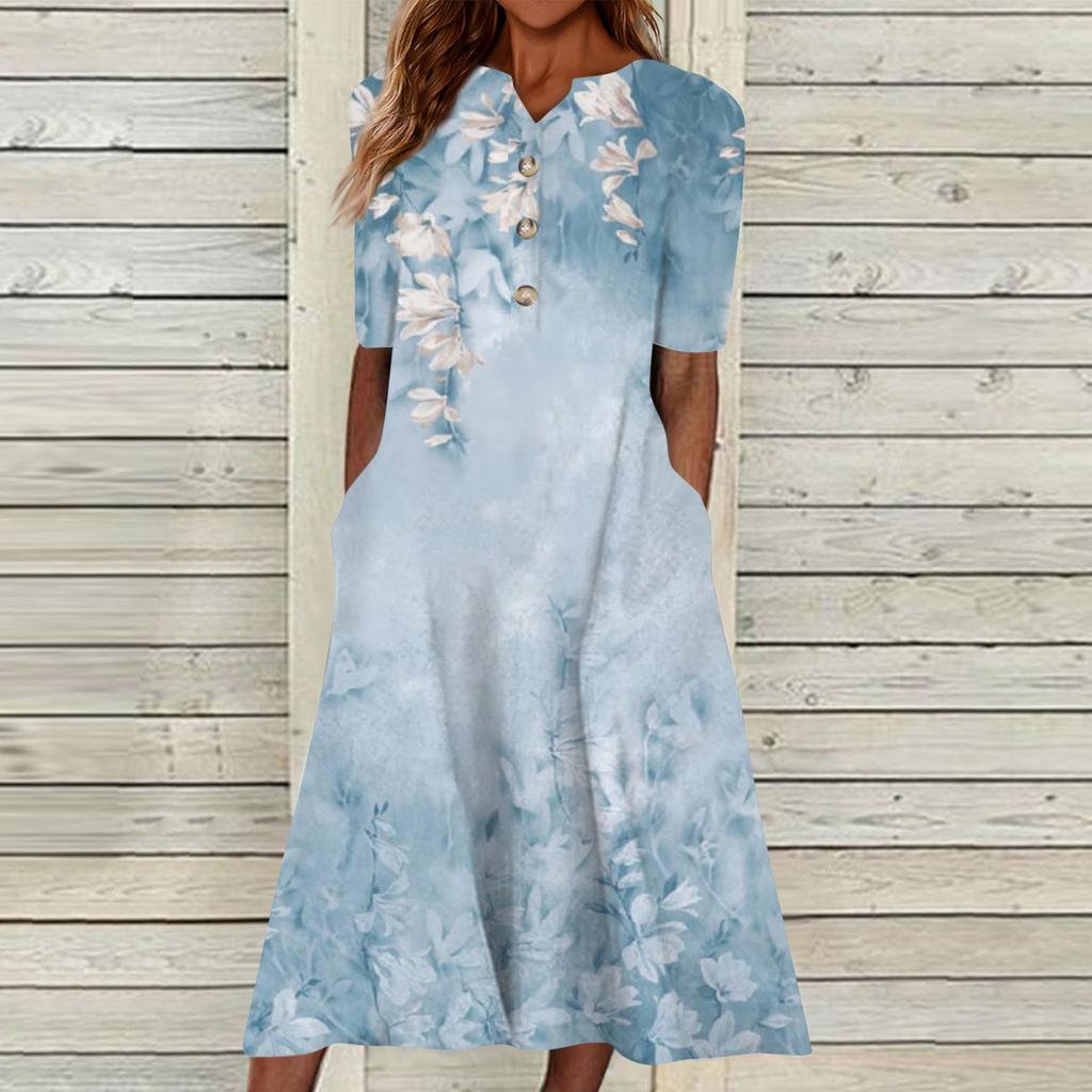 Women's Summer Casual Printed V-Neck Short-Sleeve Swing Dress
