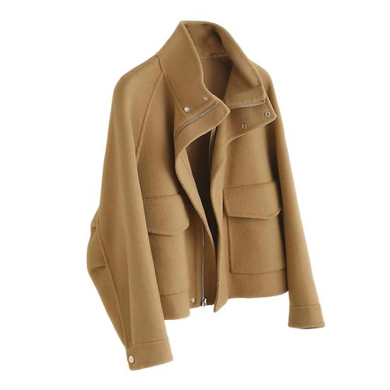 Осенне-зимнее шерстяное пальто с боковыми карманами, застежкой-молнией и отложным воротником, однотонное