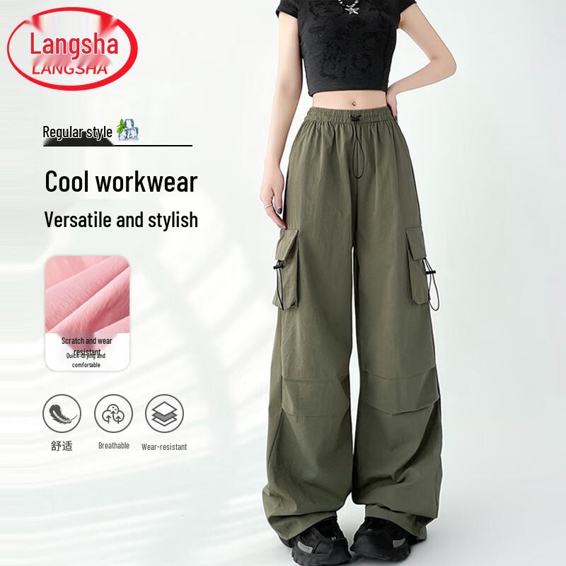 Langsha Women's Quick-Dry High-Waist Wide-Leg Cargo Pants